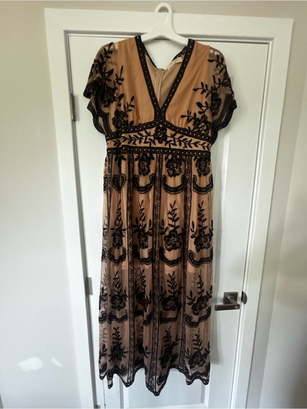 Altar'd State Tan Maxi Dress with Black Embroidered Floral Accents